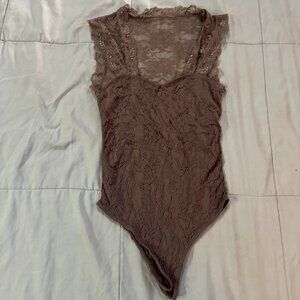 IDA Fashion Brown Lace Crepe 1pc Body Suit Bodysuit Leotard Womans sz Small NEW